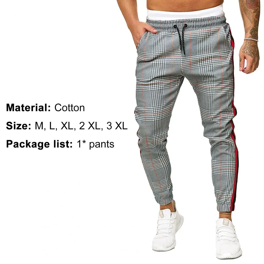 

Casual Men Skinny Pants Plaid Side Stripes Drawstring Ankle Tied Skinny Trousers for Sports