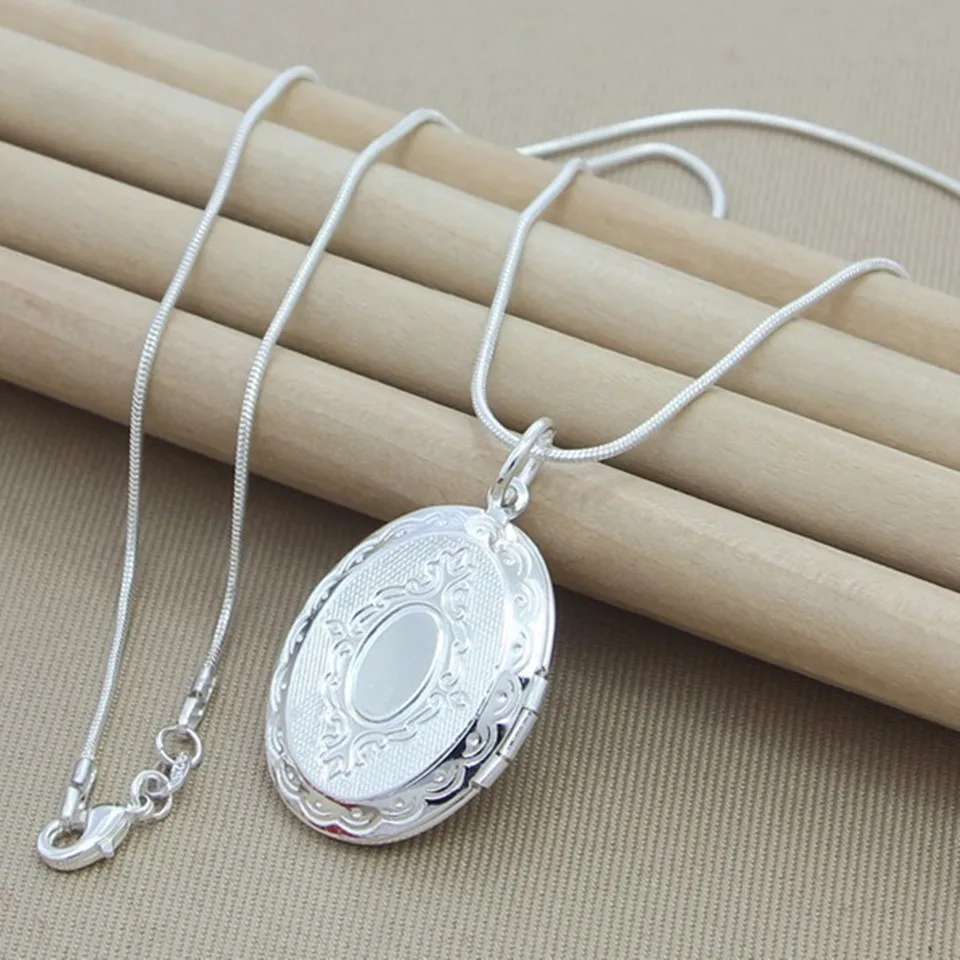 

925 Sterling Silver Oval Round Photo Frame Pendant Necklace Snake Chain For Women Man Wedding Jewelry Gifts