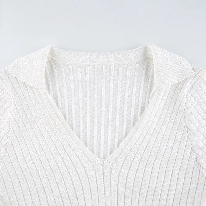 

Streetwear White Ribbed Womens Sweaters Fall 2020 Casual V-neck Long Sleeve Cropped Pullover Knitwear Slim Knitting Pull Femme