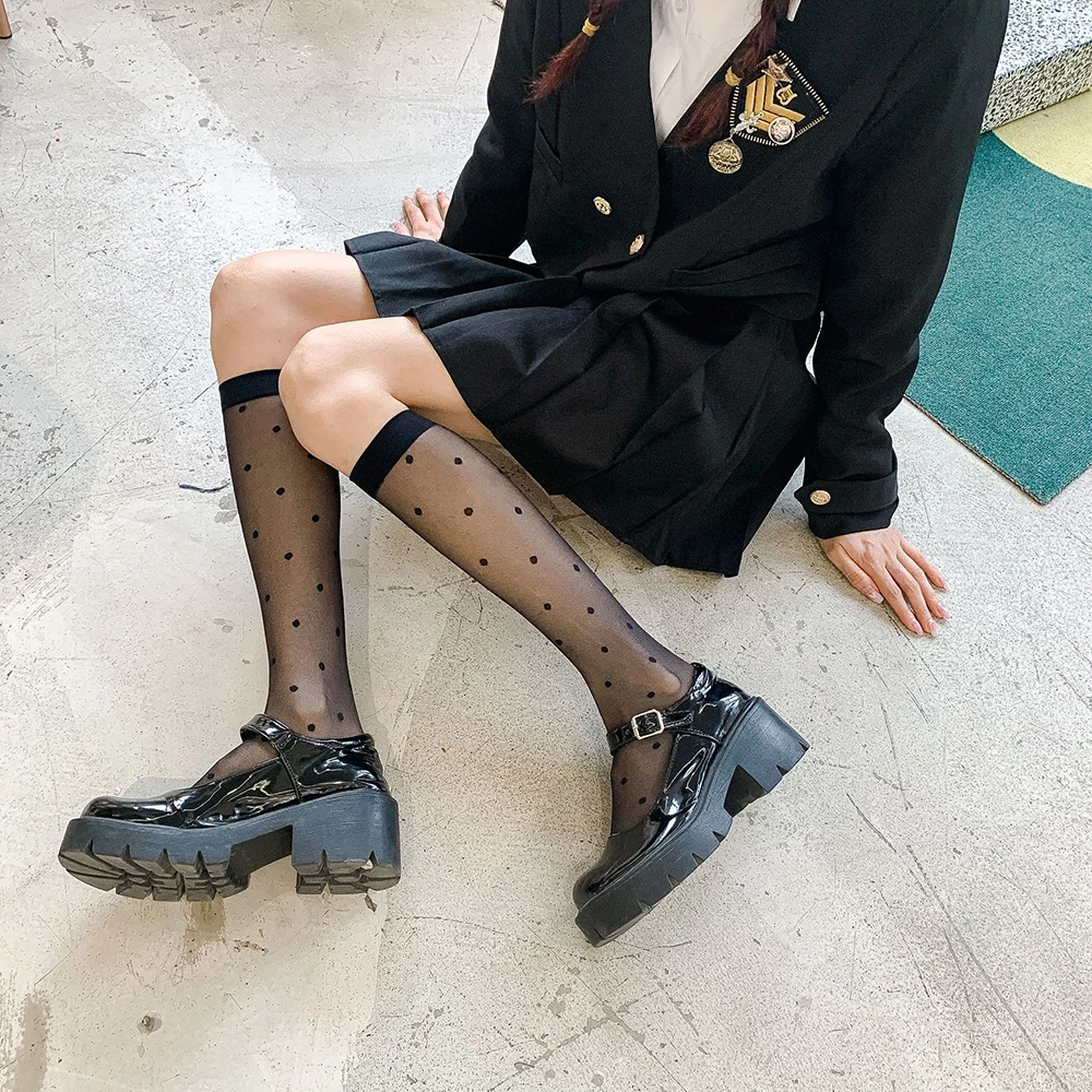 JK длиной по колено с SocksWomen ультра тонком каблуке черно белые носки в летние
