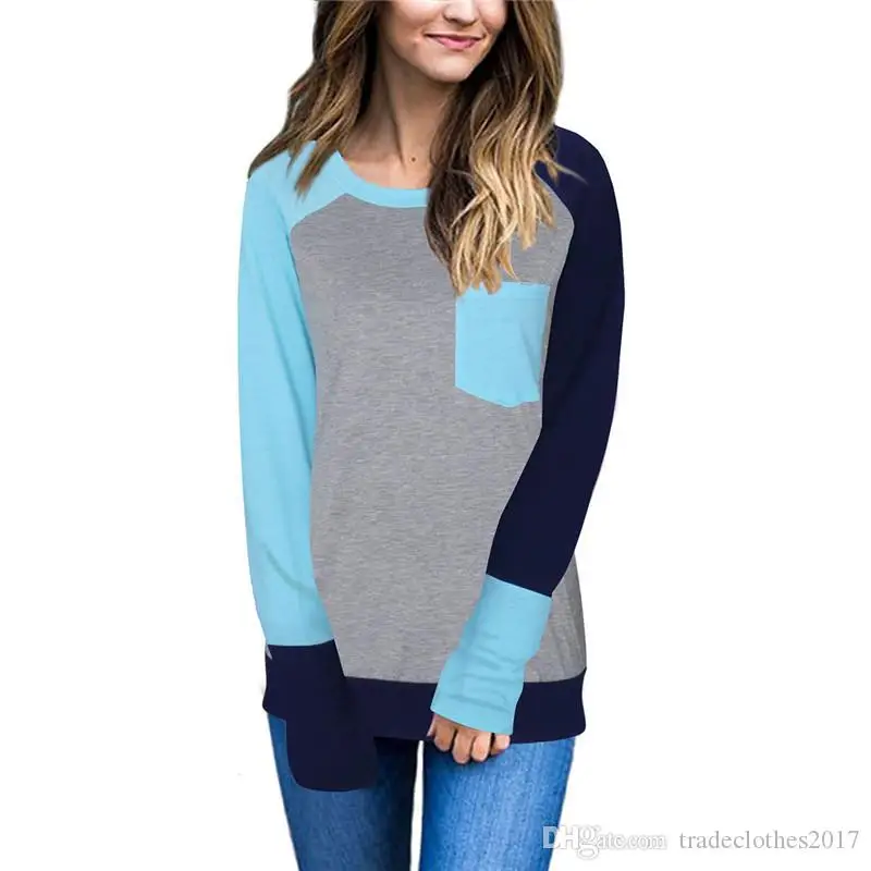 

Autumn women long sleeve Polyester Tops fashion Patchwork pocket decoration O-Neck shirts