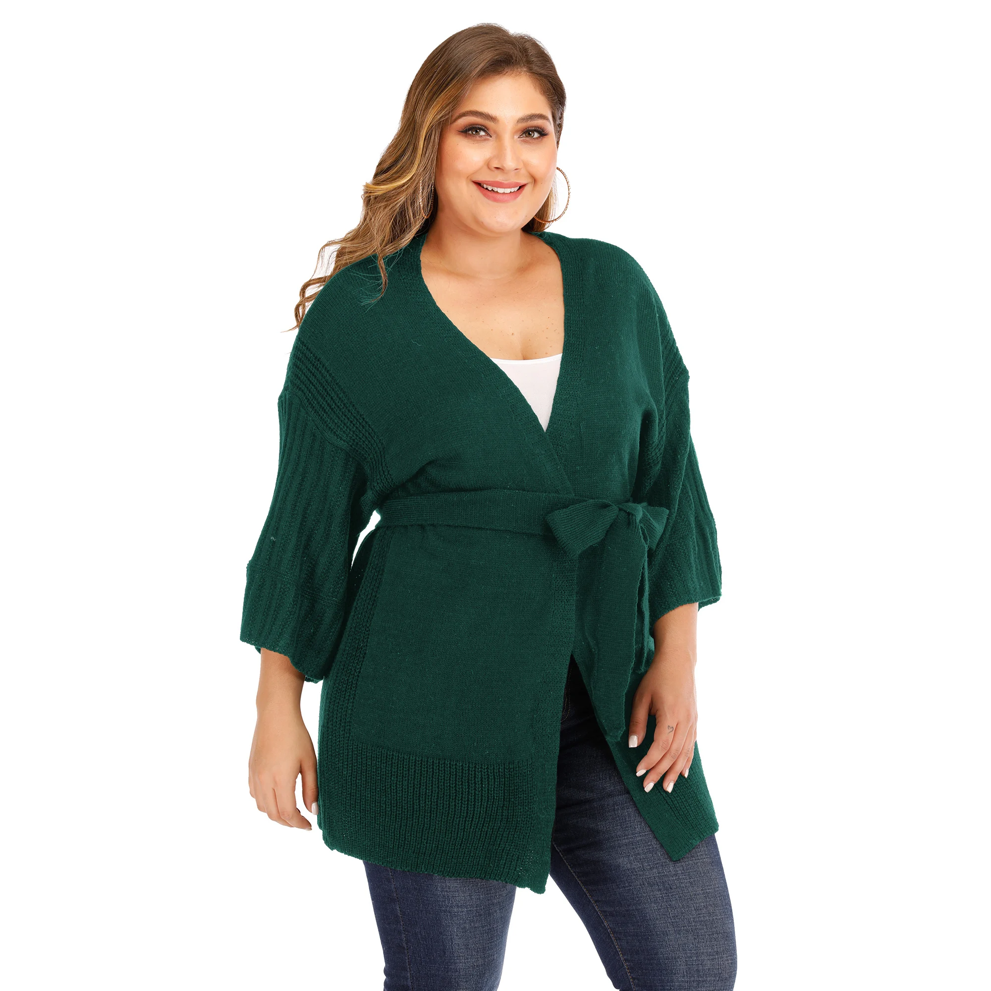 Большой размер Женский вязаный свитер с глубоким v образным вырезом и рукавом 3/4