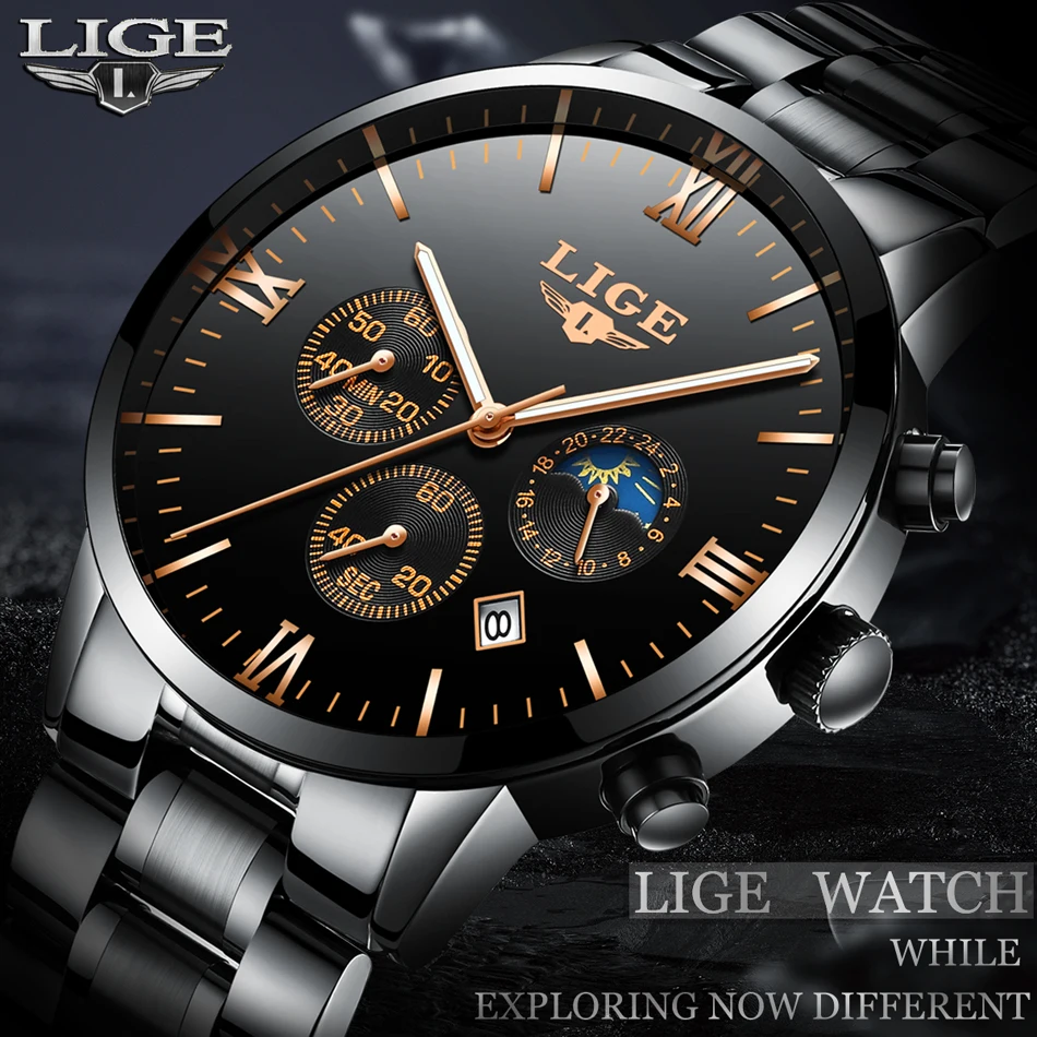 

LIGE 9831 Luxury Men Fashion Quartz Full Steel Business Waterproof Watch Simple Multifunctional Sports Male Wristwatches Clock