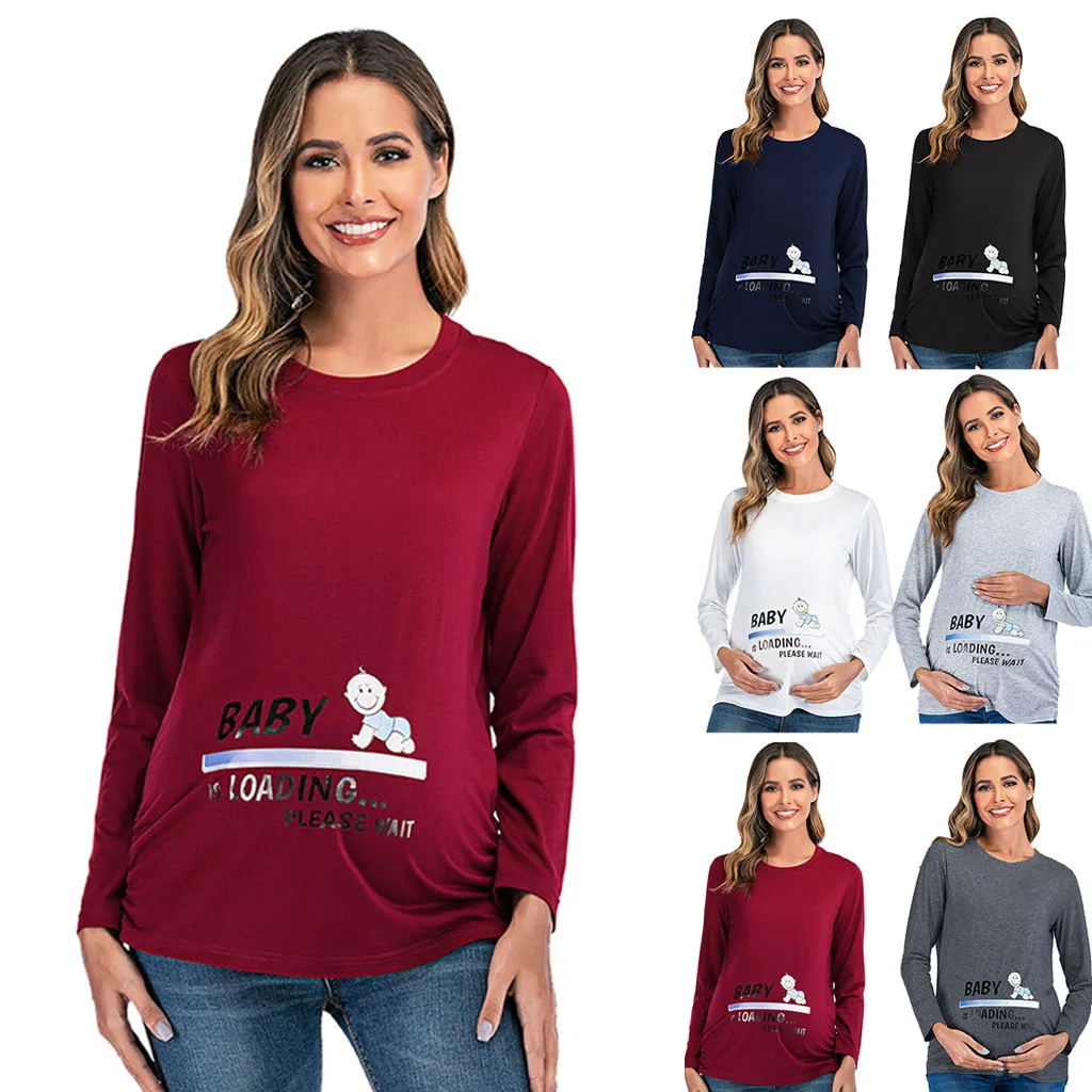 

LONSANT Maternity T-shirts cartoon letter Printed Long Sleeve Loose T-shirt Blouse Maternity top Pregnant Tops women Clothes new