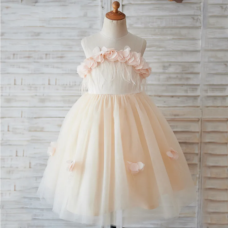 

Feathers 3D Flowers Flower Girl Dress Aline Sleeveless Girl Princess Dress Champagne Tulle Girl Birthday Dress Baby Girl Dress