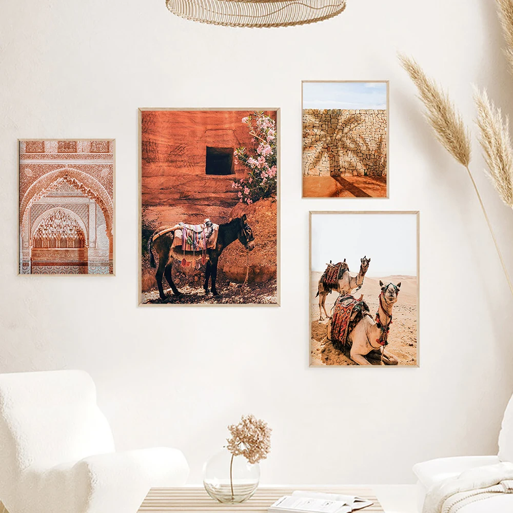 

Boho Moroccan Marrakech Canvas Painting Travel Landscape Print Poster Desert Camel Donkey Wall Art Pictures For Livingroom Decor