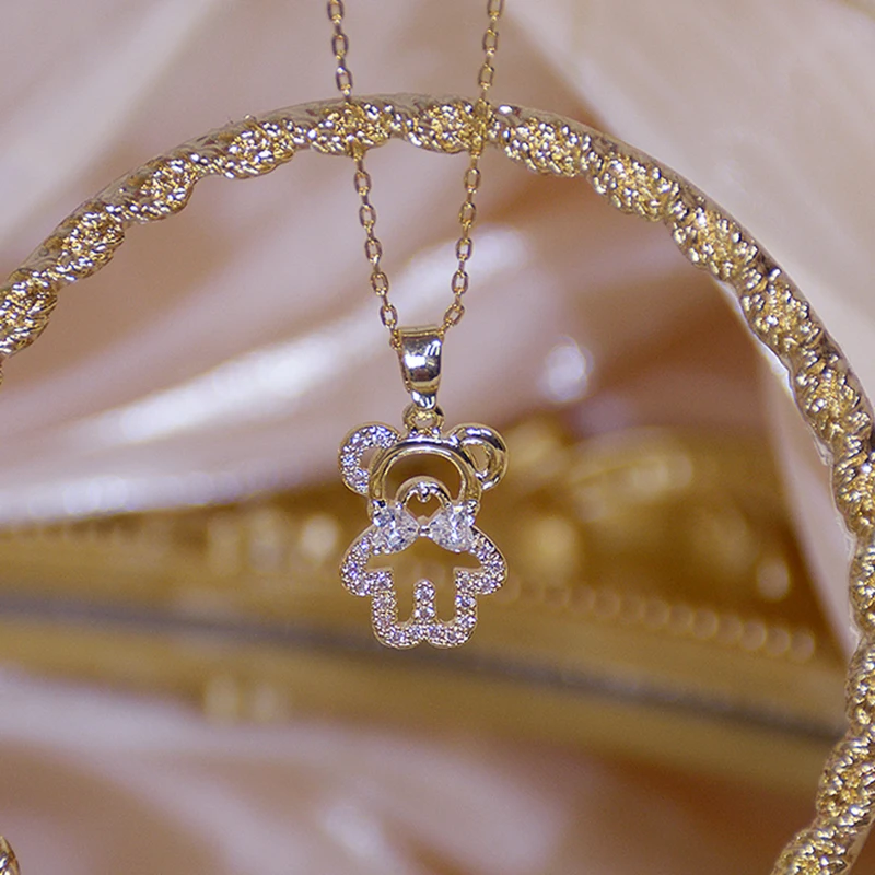 

Vintage Noble 14k Real Gold Cute Temperament Little Bear Necklace for Women Luxury Jewelry Pendant AAA Shiny Zircon Wedding Gift