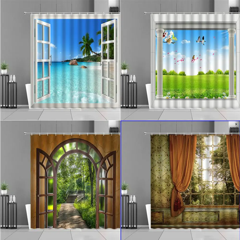 

Занавеска для душа с изображением Морского Пейзажа, накладное окно, Полиэстеровая Водонепроницаемая занавеска для ванной s, экраны для ванн...
