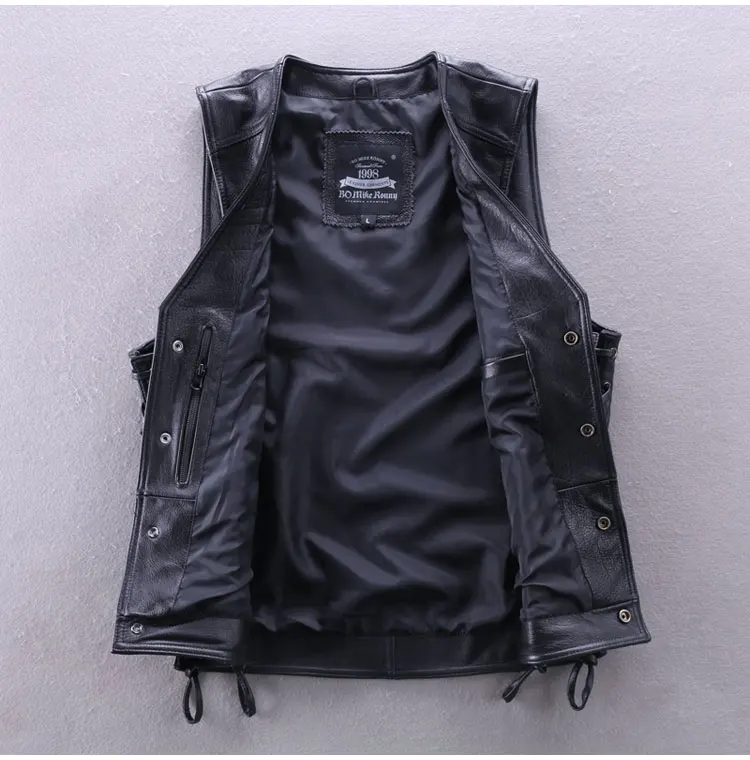 

Fashion Genuine Men Slim Fit Embroidery Cowskin Leather Motorcycle Biker Vest V-neck Collar Short Coat