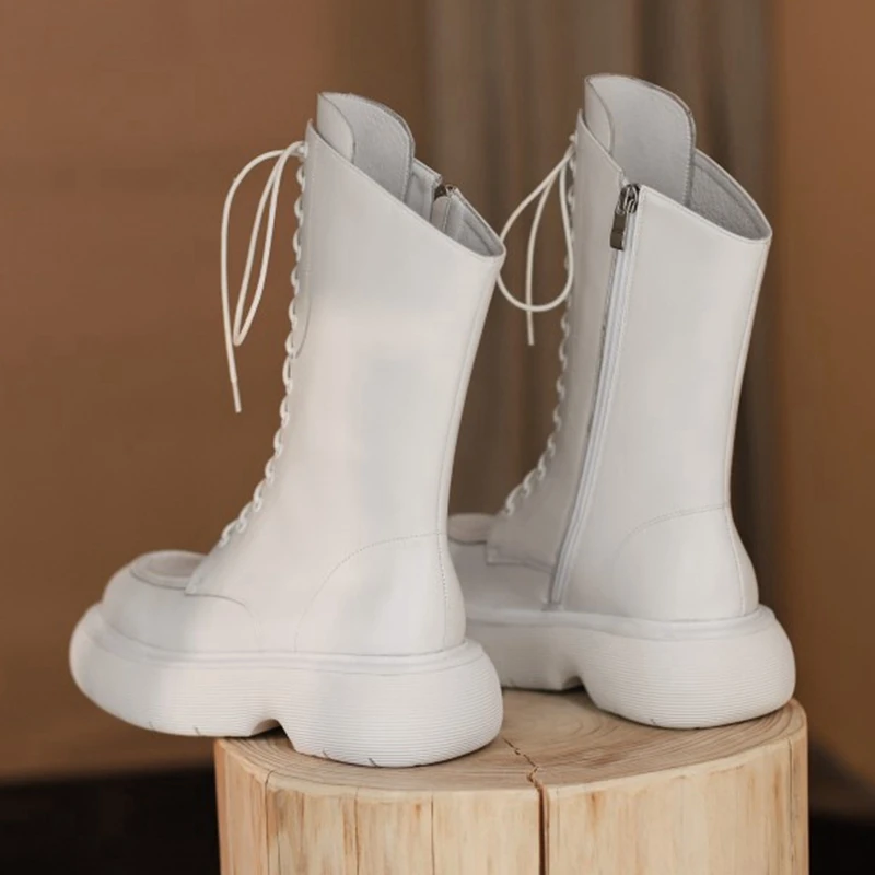 spesifikasi Sepatu Platform Tahan Air 5.5CM Ujung Bundar Berenda Kulit Asli Sepatu Bot Wanita Musim Gugur Musim Dingin Sepatu Bot Pergelangan Kaki Mode Santai S2377