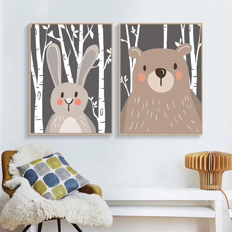 Скандинавский Ночной лес мультяшное животное дерево кролик медведь холст
