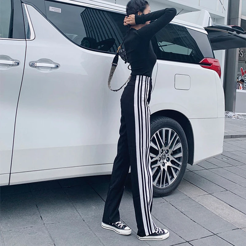 

Women's Spring Summer Style Wide Leg Pants Women's Striped High Waist Loose Elastic Waist Korean Casual Trousers KK0217