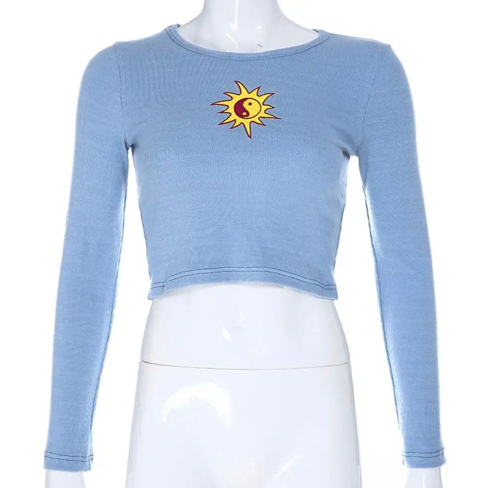 Blue long sleeve Летняя футболка с коротким рукавом и вышивкой от солнца, кроп-топы, женская трикотажная тонкая футболка для отдыха, женская уличная одежда, футболки синего/зеленого цвета - Цвет: Blue long sleeve