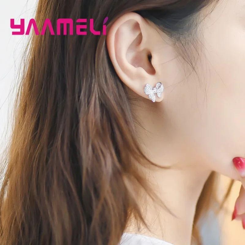 Korea OL Stylish Full Austrian Crystal CZ Earrings Pendientes Fine 925 Sterling Silver Bowknot S925 Jewellery | Украшения и