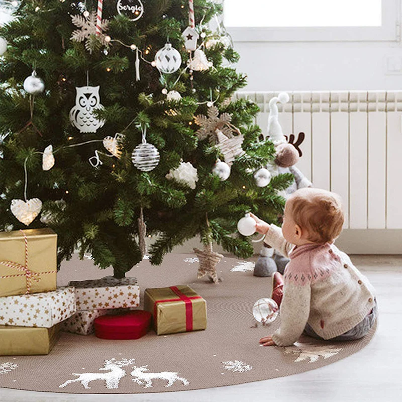 

92/122cm Xmas New Year Red Knitted Elk White Flannel Embroidered Snowflake Christmas Tree Skirt Christmas Home Decorations Noel