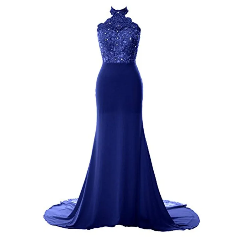 

Sexy Halter Evening Dresses 2020 long Mermaid Flowers Backless Evening Gown Sweep Train Lace Satin Formal Dresses vestidos robe