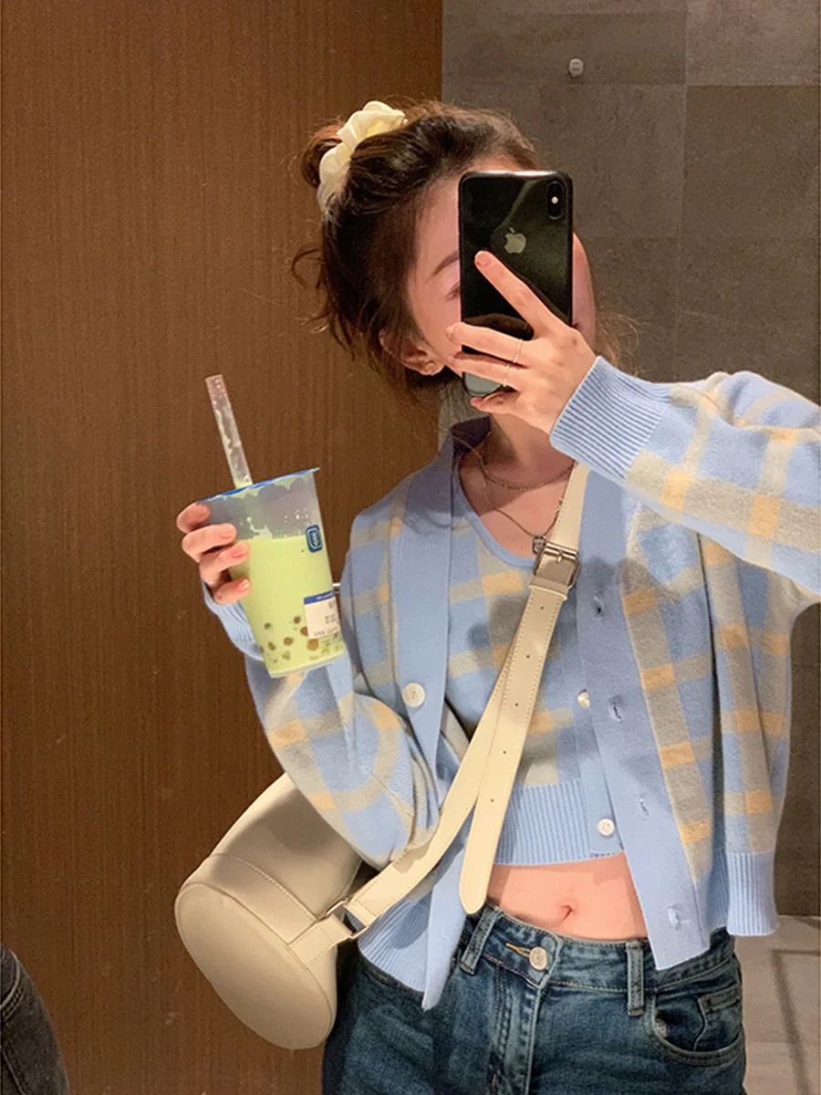 Миланский клетчатый вязаный жилет на бретельках в стиле преппи свитер кардиган