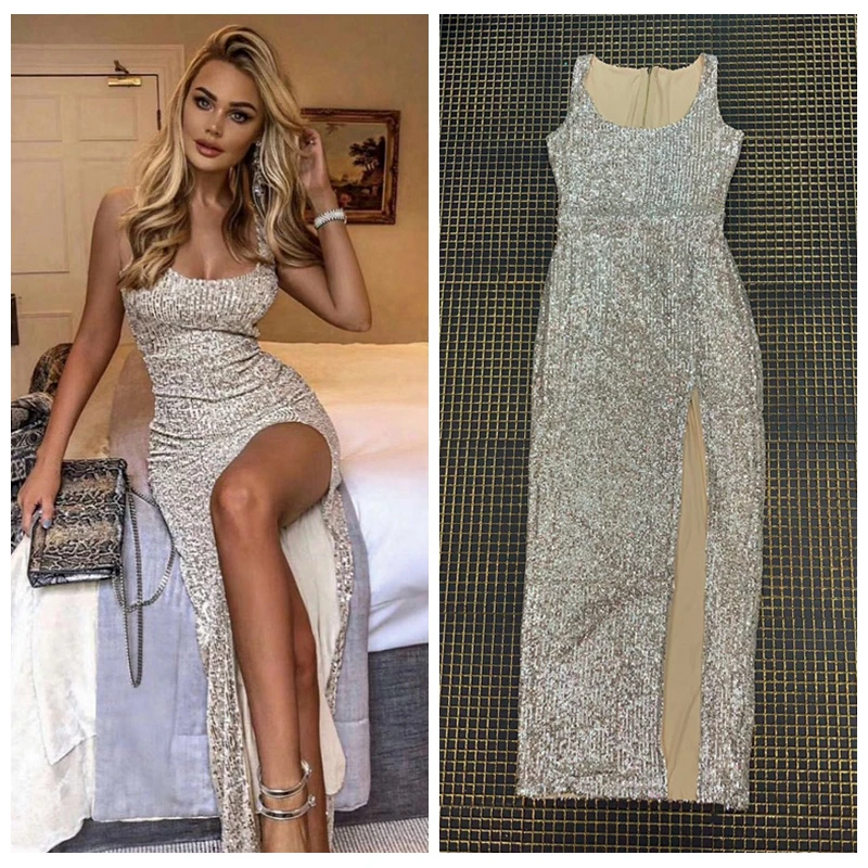 Женское длинное вечернее платье с блестками серебристое облегающее без рукавов
