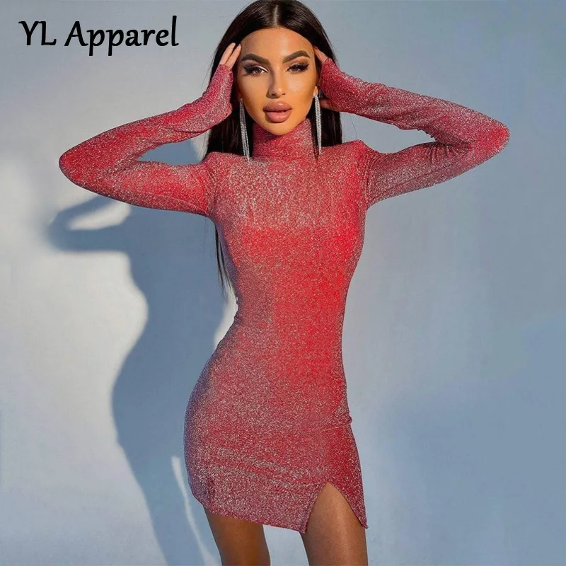 

New Arrival Winter Women Long Sleeve Turtleneck Bodycon Party Dresses Elegant Female Y2K Split Mini Package Hip Dress 2022 Black