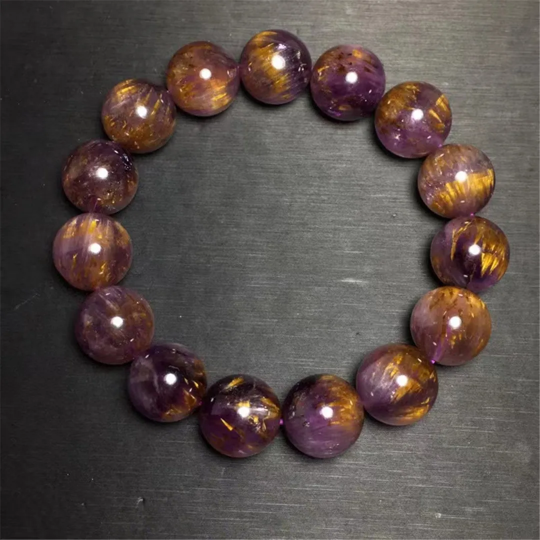 

14mm Natural Purple Gold Rutilated Quartz Bracelet For Women Men Gift Crystal Beads Stone Reiki Gemstone Strands Jewelry AAAAA