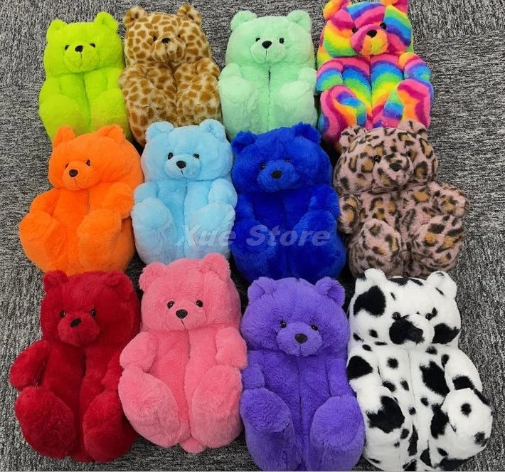 

Women Teddy Bear Plush Slippers Cartoon Cute Bear House Slipper Winter Warm Furry Faux Fur Slides Woman Furry Flip Flop Shoes