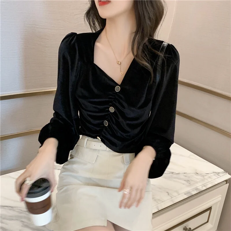 Women Blouse Gold Velvet Irregular Collar Short Lace Bottoming Shirt Slim Top Autumn Winter Female's Blouses Fashion Clothes