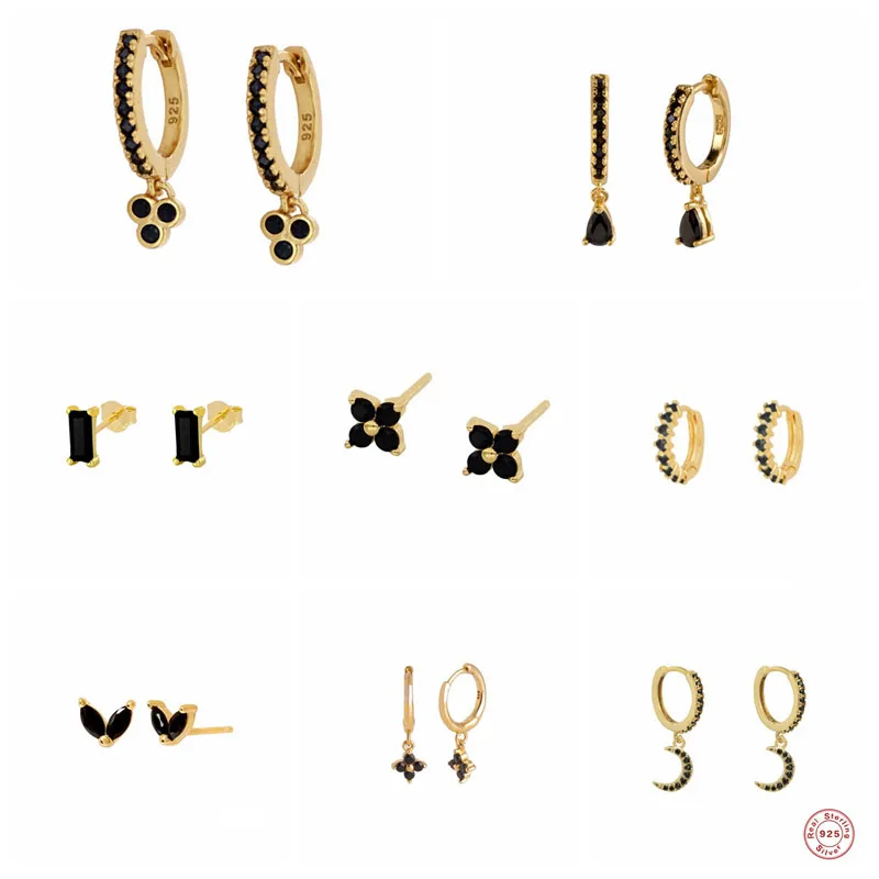 

Автоклав 925 стерлингового серебра серьги черный CZ серьги-кольца с цирконом для женщин 2021 тренд Пирсинг Серьга Ювелирные украшения, женские ...