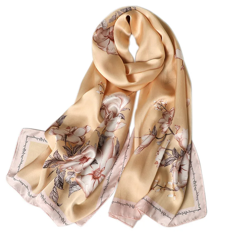 

Real silk scarf women luxury brand designer shawls and wraps elegant floral print pashmina long soft winter scarves femme hijab