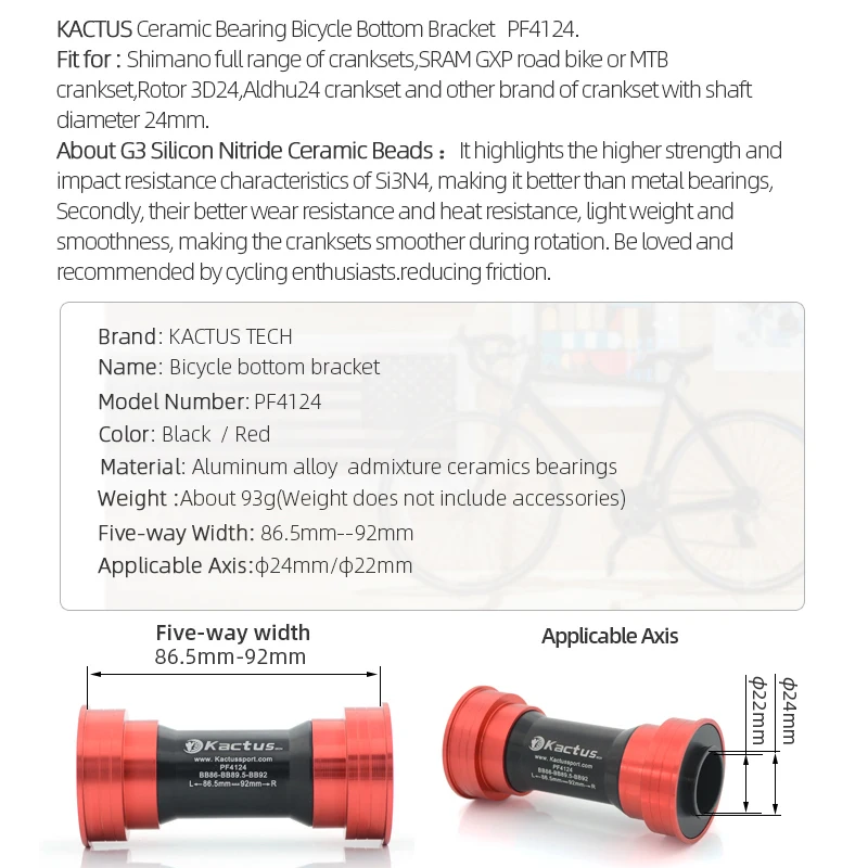 KACTUS Bottom Bracket PF4124 BB86 BB92 for Shimano/SRAM GXP Pressfit 41mm width 86.5-92 Ceramic Bearing 24mm Crankset Bike Parts