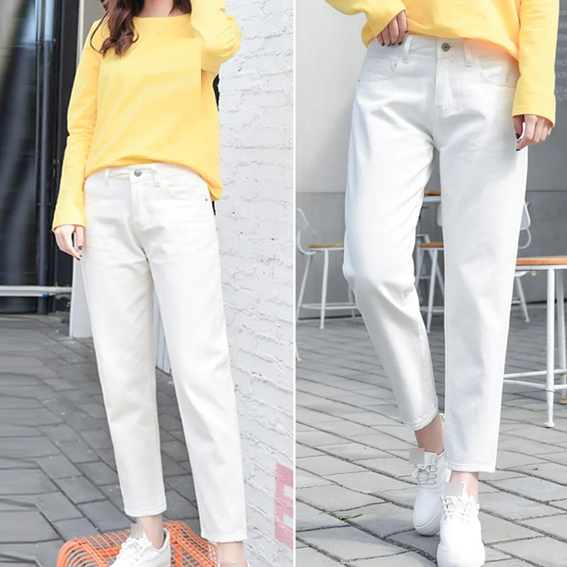 Хлопковые белые джинсы для женщин шаровары с высокой талией мам размера плюс
