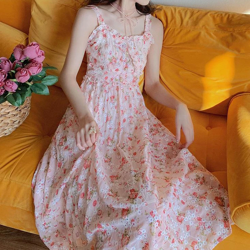 

Женское винтажное платье на бретельках, элегантное пляжное платье без рукавов с квадратным вырезом и цветочным принтом в Корейском стиле, л...
