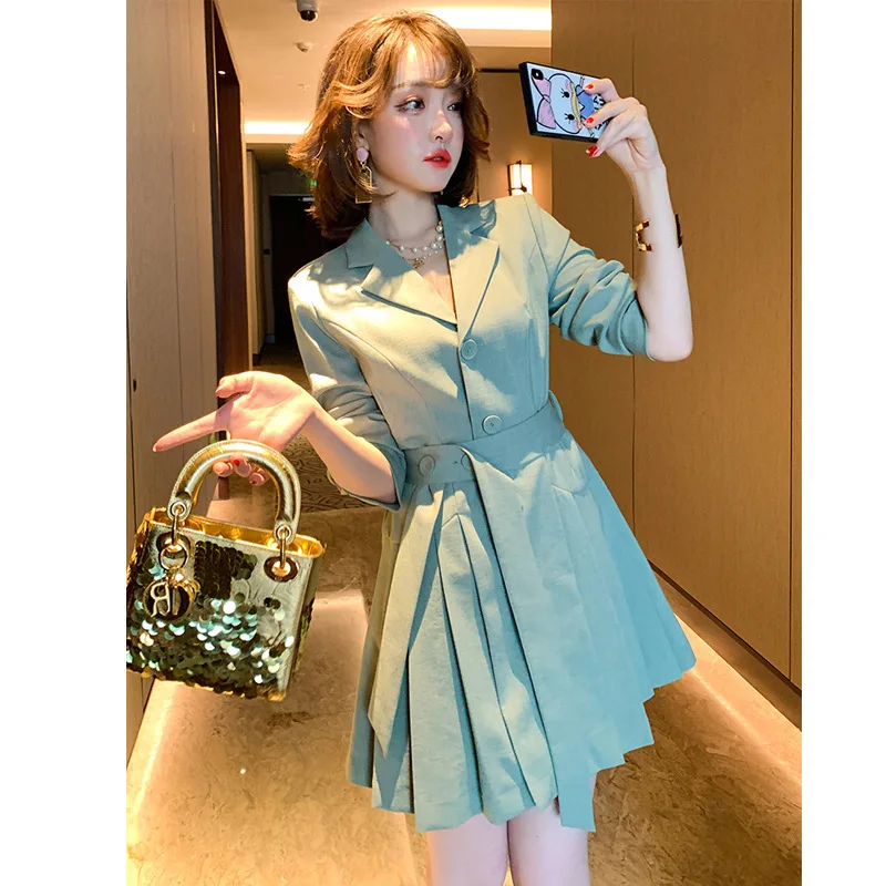 

women's temperament suit lapel single-breasted elegant pleated dress 2021 spring new leisure office business women's dress
