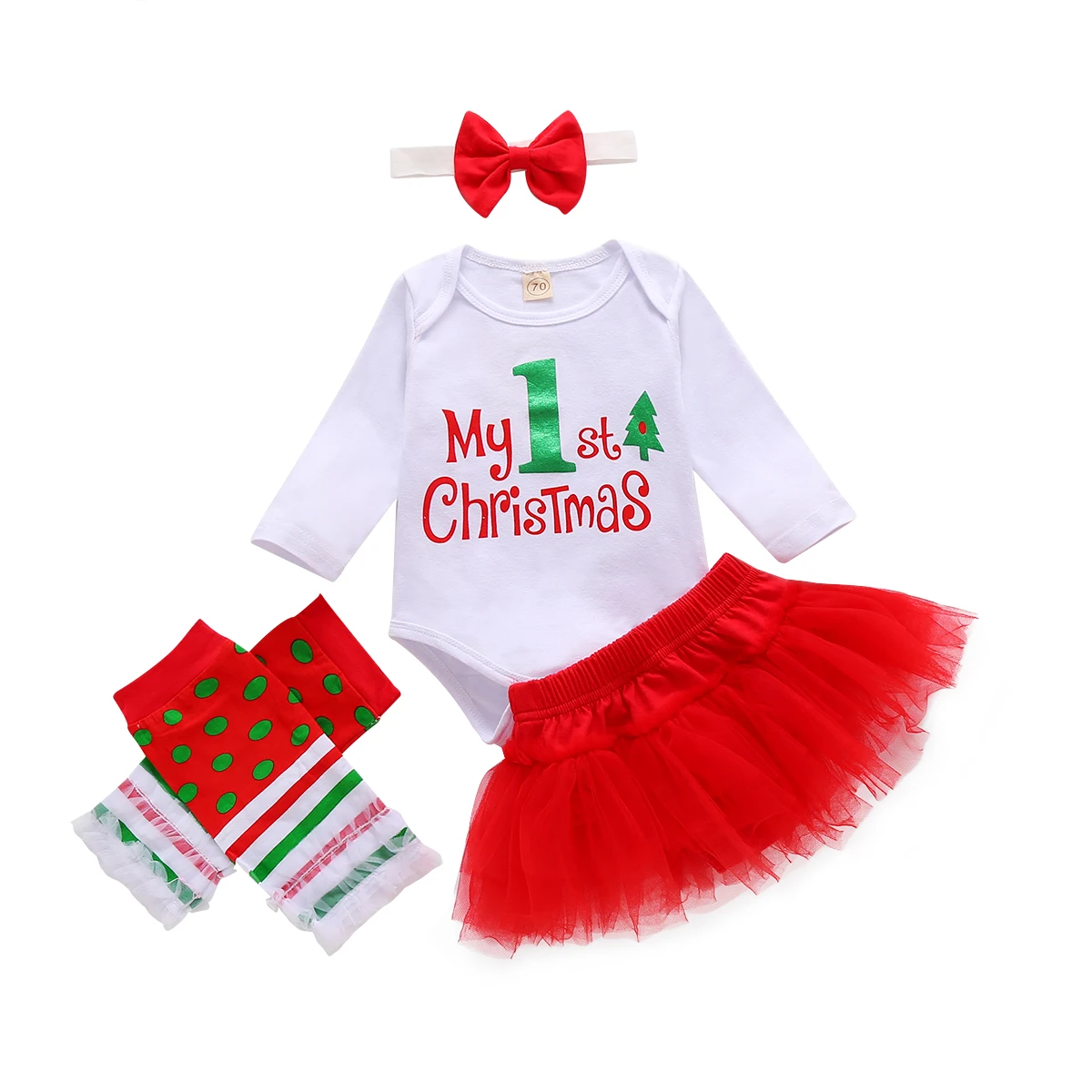 

4 шт., новорожденные рождественские наряды, комбинезон с длинным рукавом, круглым вырезом и буквенным принтом, сетчатая юбка, повязка на голо...