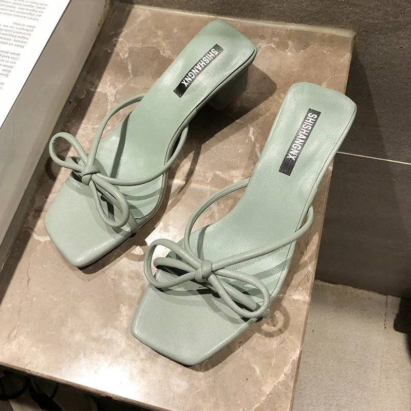 

2020 Summer Slippers Women's Outer Wear Thin Drawstring Open Toe Square Head Sandals Bow Elegant Simple Cross Belt Slippers