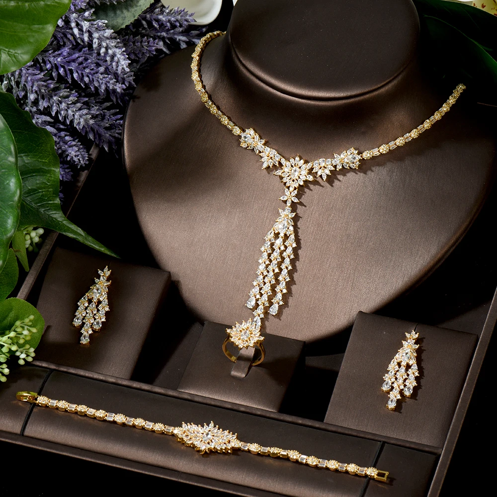 HIBRIDE элегантный цветочный дизайн длинные кисточки большие серьги кубический цирконий ожерелье наборы золотой цвет африканские ювелирные и...