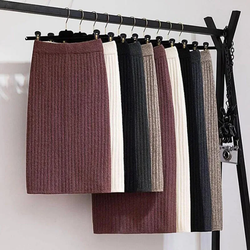 

2022 Women Knitted Skirt Autumn Winter Split Sexy Slim Warm Office Skirts Elastic High Waist Pencil Skirt Ribbed Long Skirts