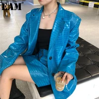 eam women blue pu leather big size blazer new lapel long sleeve loose fit jacket fashion tide spring autumn 2022 1da445