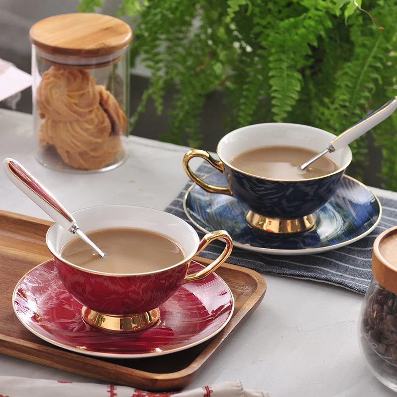 Роскошная Европейская кружка из костяного фарфора с ложкой синие чашки для