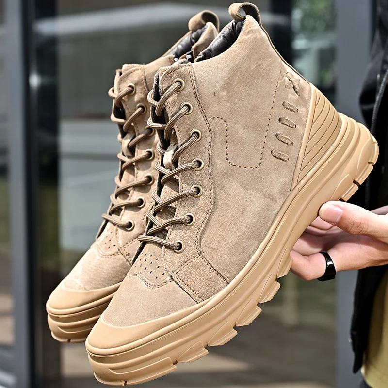 

High Quality Soft Pigskin Casual Boots New Work botines Men High Top Safety Shoes Tooling Style Martin Boots Lace-up+zip Botas