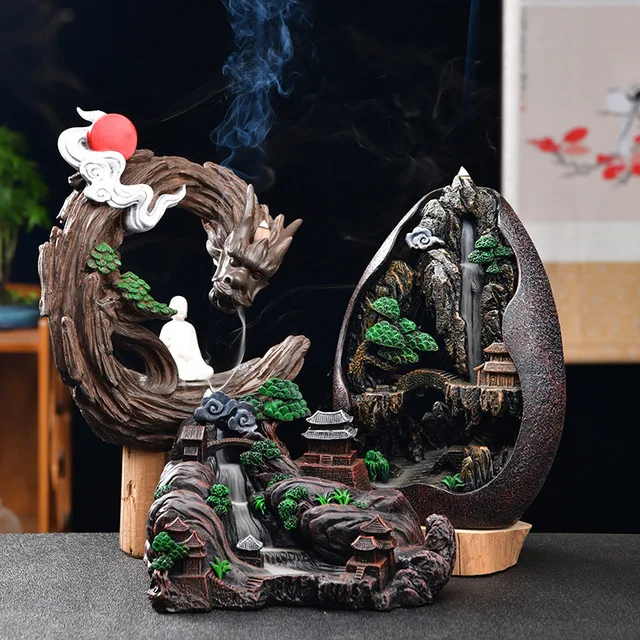 

With 20Cones Zen Incense Dragon Resin Home Decoration Incense Burner Waterfall Landscape Censer Backflow Incense Cones Burner