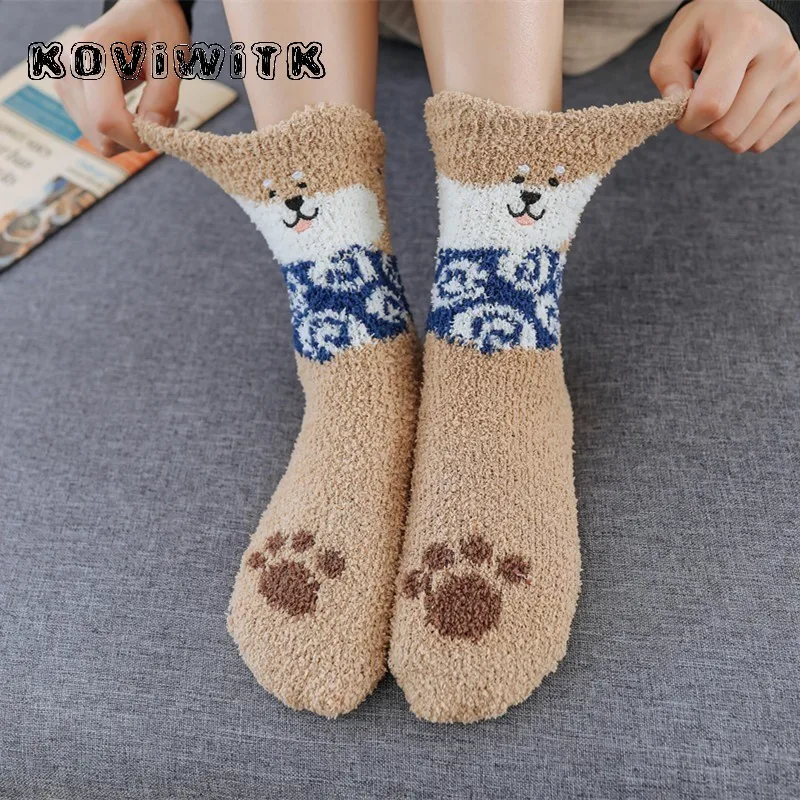 Cartoon Coral Velvet Bear Thickning Socks women cotton Lovely Plush Harajuku Warm Thick sock lady funny cute  Female kawaii sox