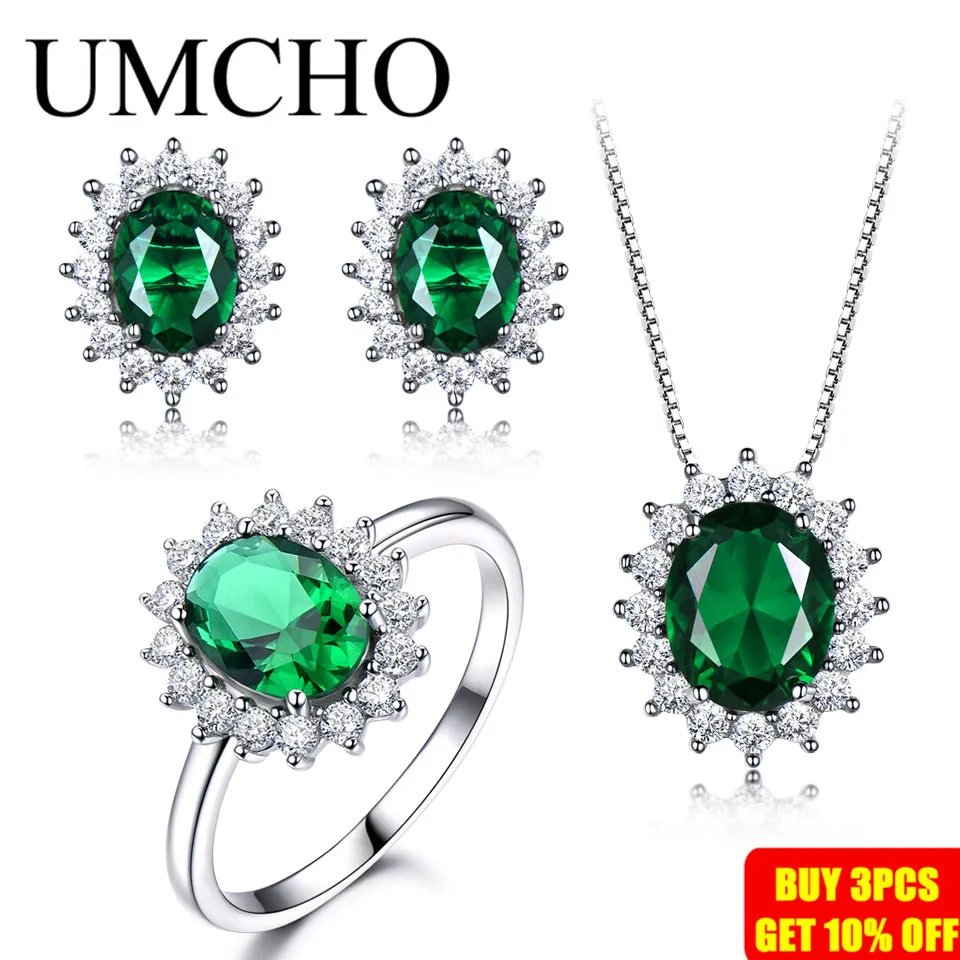 UMCHO 925 пробы серебряные ювелирные изделия набор нано зеленый изумруд Кольцо Кулон Серьги гвоздики для женщин бренд ювелирные изделия высшего качества
