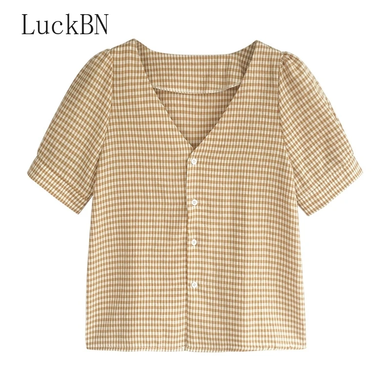 

Women Clothing Shirts V Neck Blusas Mujer De Moda Female Blouse Shirt Short Sleeve Plaid Casual Blusa Feminina Lady Clothing