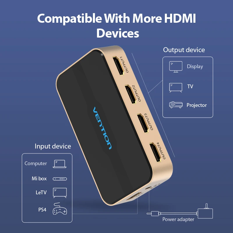 Vention HDMI коммутатор 1x2 1x4 Сплиттер 4K 1 вход 4 выхода переключатель с питанием для XBOX
