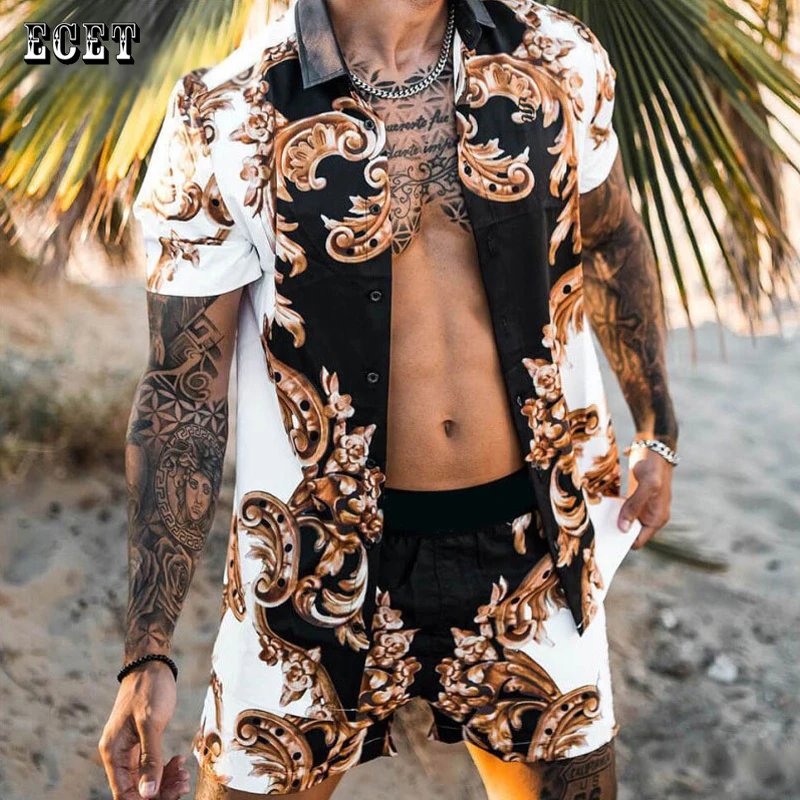 

New summer 3D printed men's suit 2021 short-sleeved button shirt beach shorts street backhand casual quick-drying men's clothing