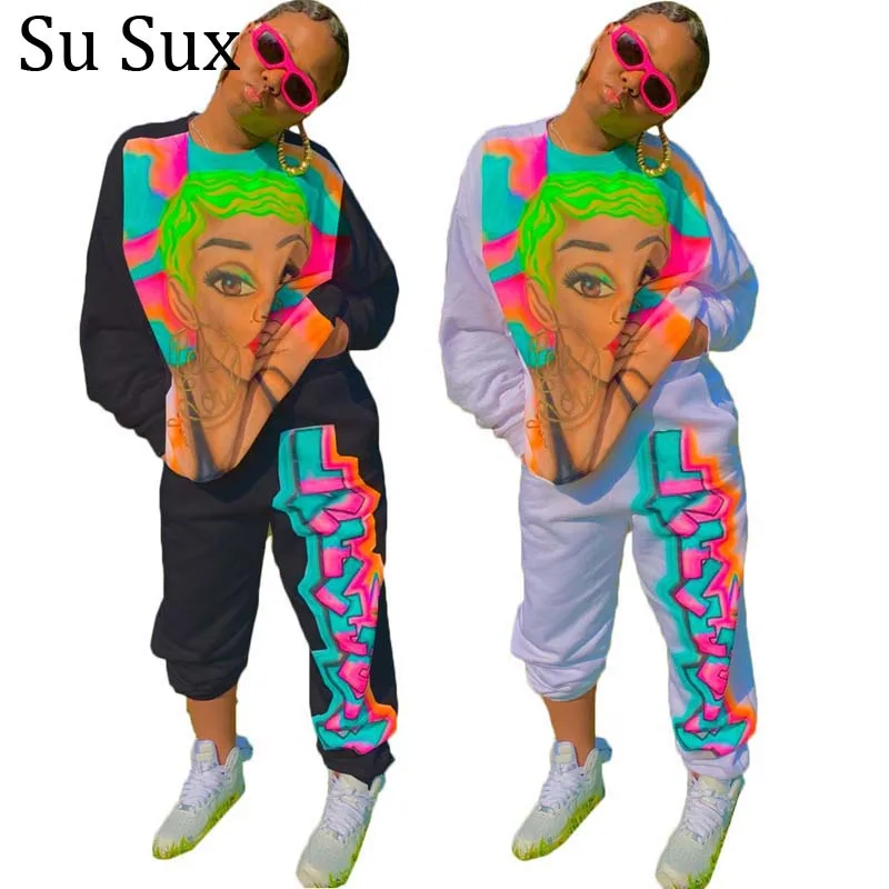 

Cartoon Print Pant Suits Casual 2 Piece Set Women O Neck Long Sleeve Sweatshirt Tracksuit Streetwear Sportwear Femme 2021
