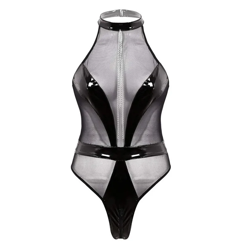 Эротическое нижнее белье сексуальное женское боди черное из искусственной кожи