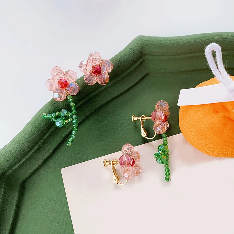 

Ear Studs Small Korea Style Pretty Asymmetrical Small Earrings Flower Earrings Safflower Green Earring Ear Clip Pendant Crystal