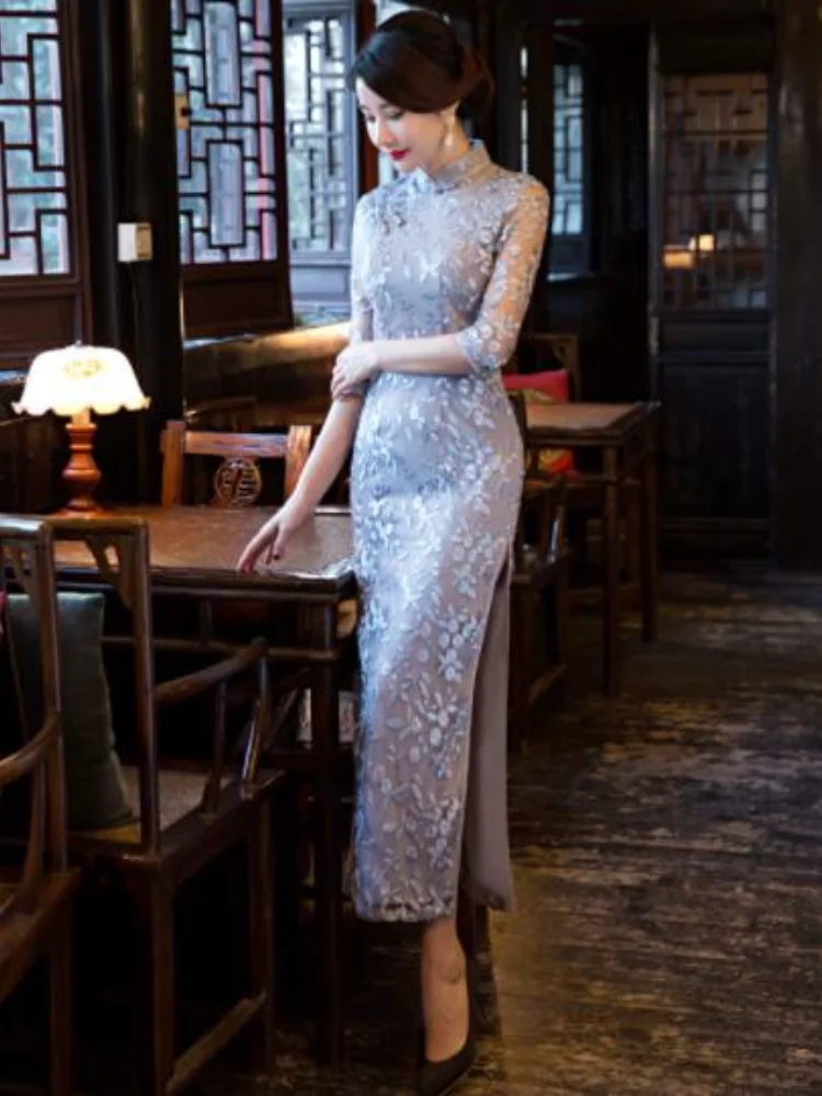 Новый дизайн сексуальное женское длинное платье Чонсам с вышивкой китайские