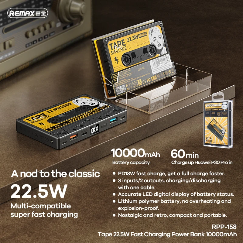 Remax PD18W + QC 22 5 Вт быстрая зарядка портативный мобильный аккумулятор ретро 10000